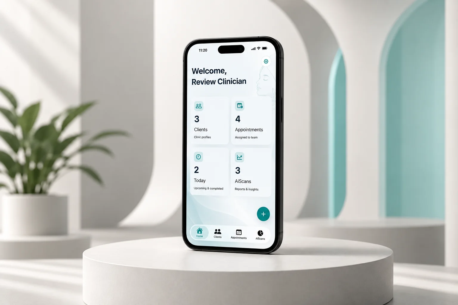 AesthePlan clinic dashboard presented on an iPhone