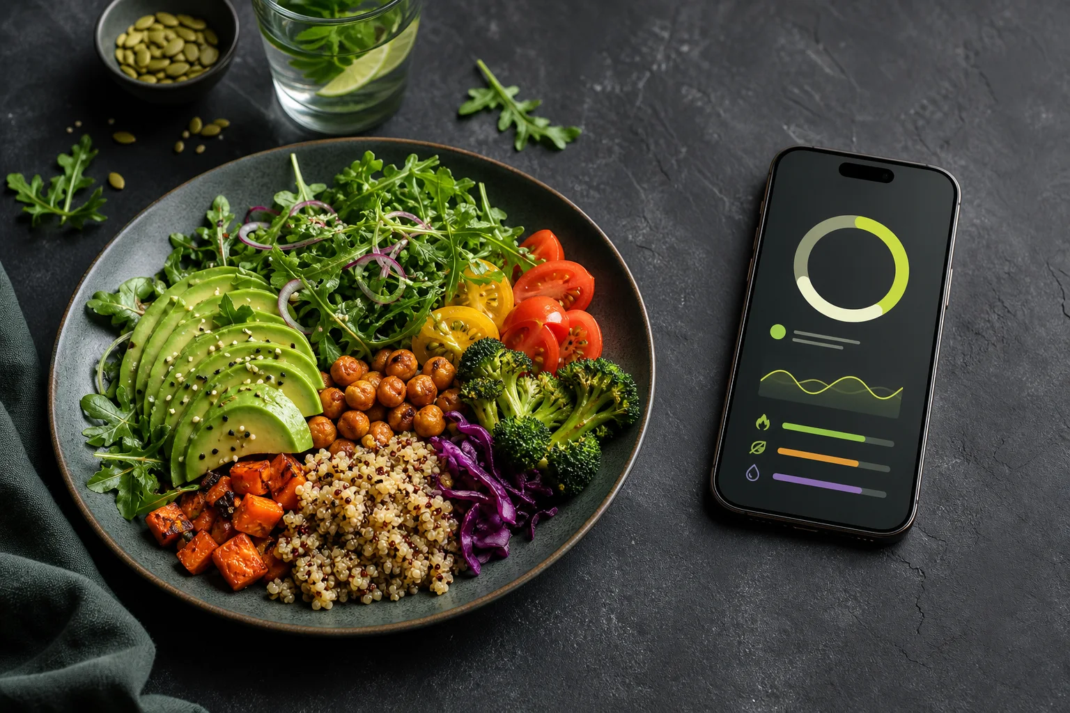 Meal Lens nutrition dashboard beside a prepared meal